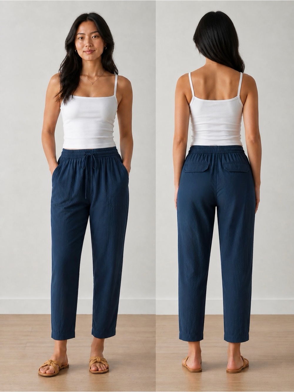 Zara Women Dark Gray/ Navy Summer Drawstring Lightweight Trousers Everyday Pants